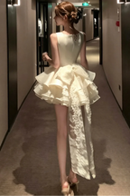 Cream Structured Satin Fit-and-Flare Mini Dress with Tiered Ruffles and Back Bow Flowering Girl