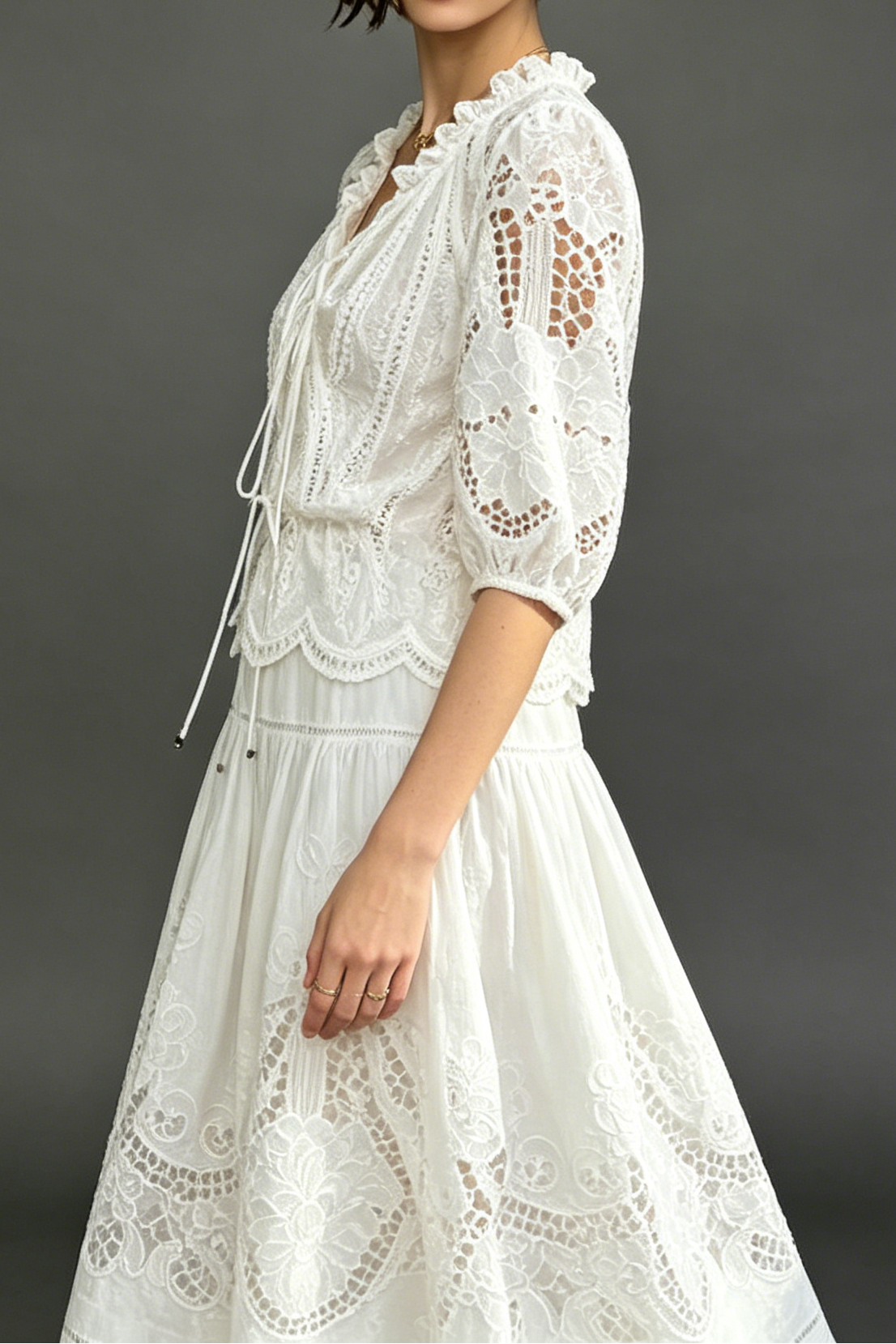 White Eyelet Lace Tiered Maxi Dress With Puff Sleeves Flowering Girl