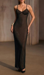 Zelyxra Spaghetti Mesh Rhinestone Maxi Dress Flowering Girl