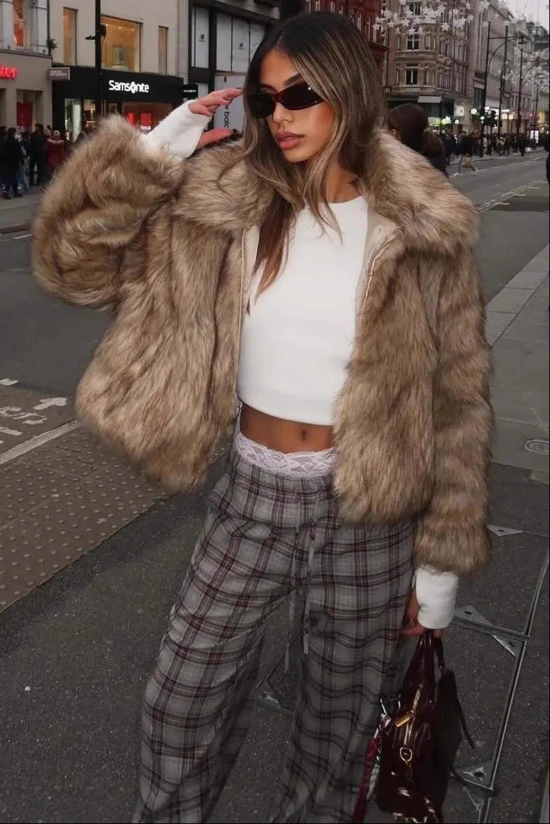 Warm Imitation Fur Jacket In Light Yellow Flowering Girl