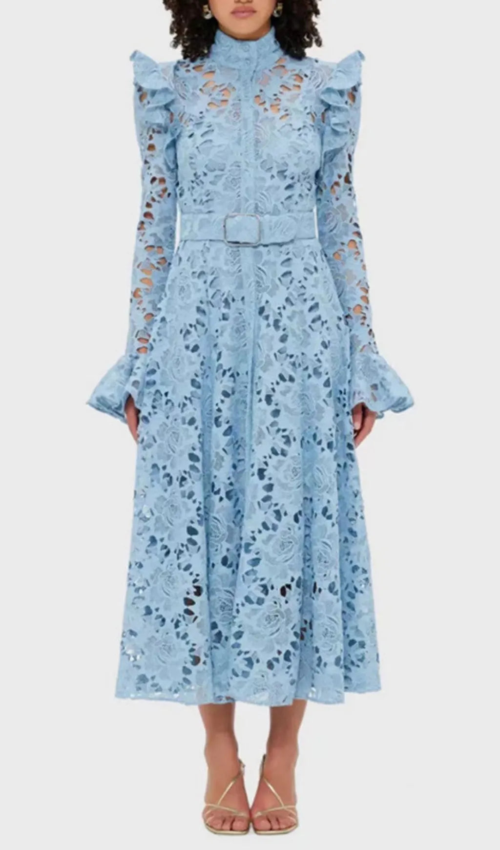 Elea Blue Embroidery Long Sleeve Midi Dress Flowering Girl