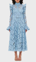 Elea Blue Embroidery Long Sleeve Midi Dress Flowering Girl