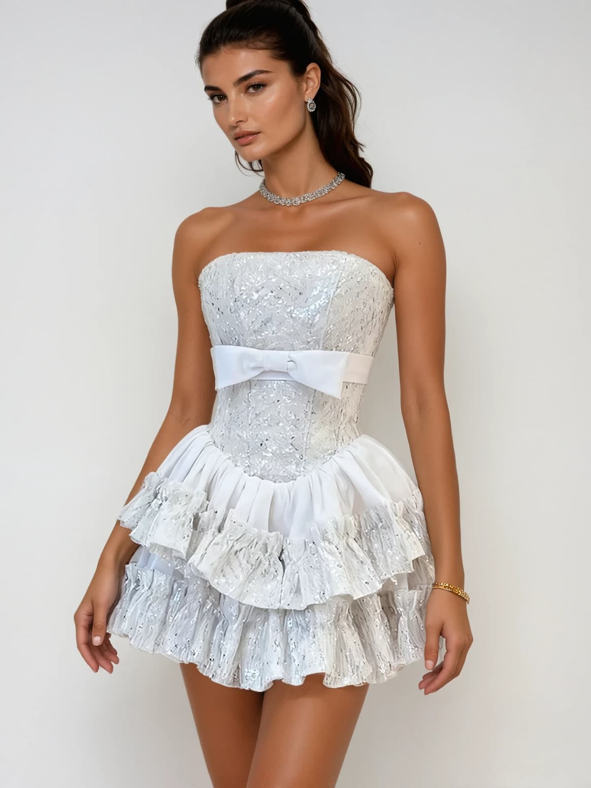 Syraza Strapless Sequin Bow Mini Dress Flowering Girl