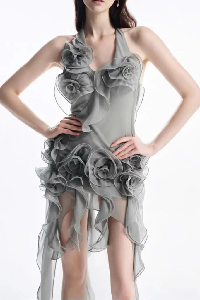 melissa grey Flower Asymmetric Folds Streame Mini Dress Flowering Girl