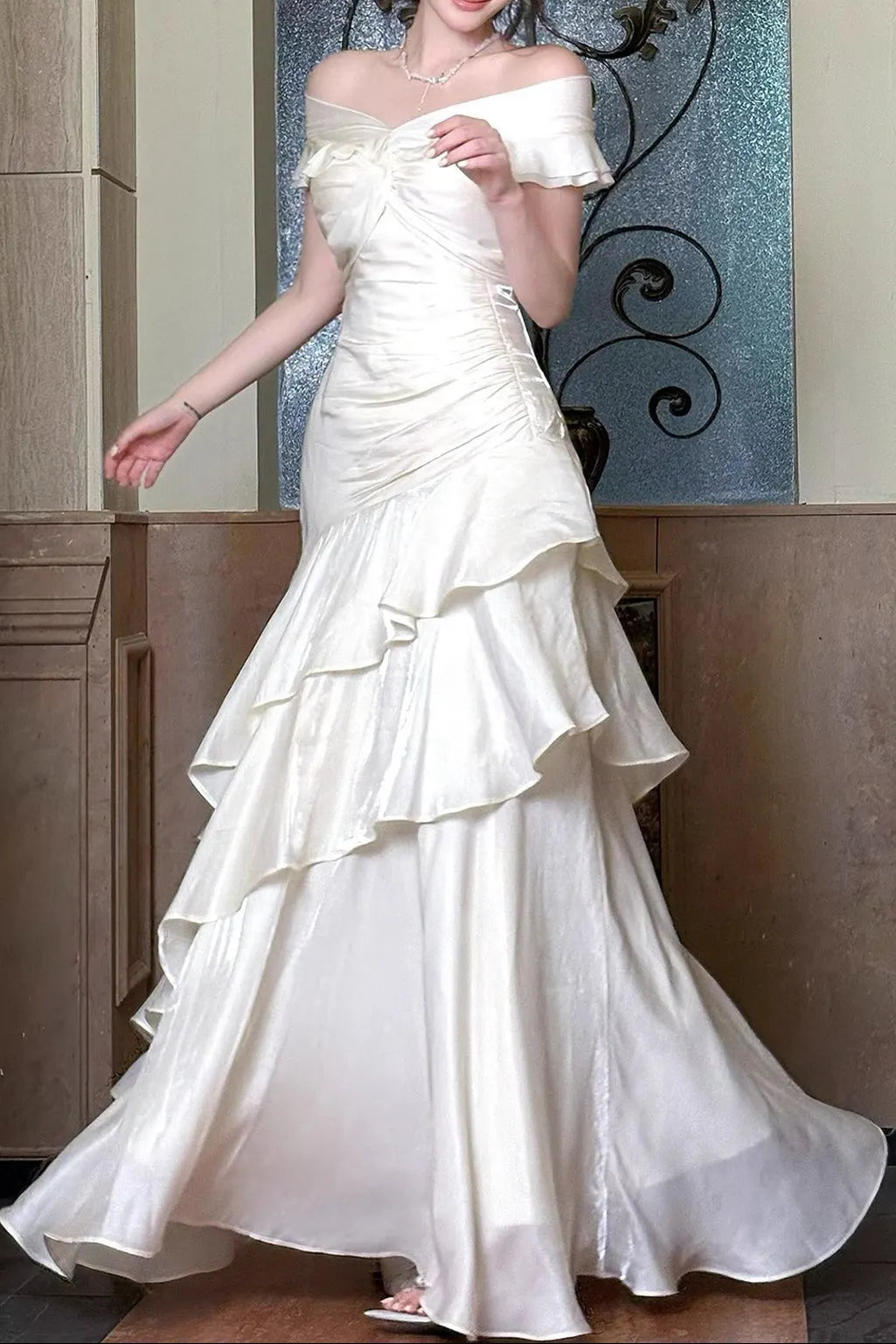 Off Shoulder Twist Ruched Tiered Ruffle Satin Maxi Dress Flowering Girl