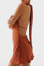 Halter Backless Satin Mini Dress In Rust Flowering Girl