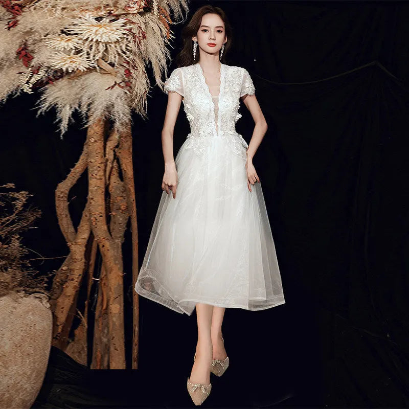 3D Floral Lace Short Sleeve Tulle Floor-Length Evening Gown Flowering Girl