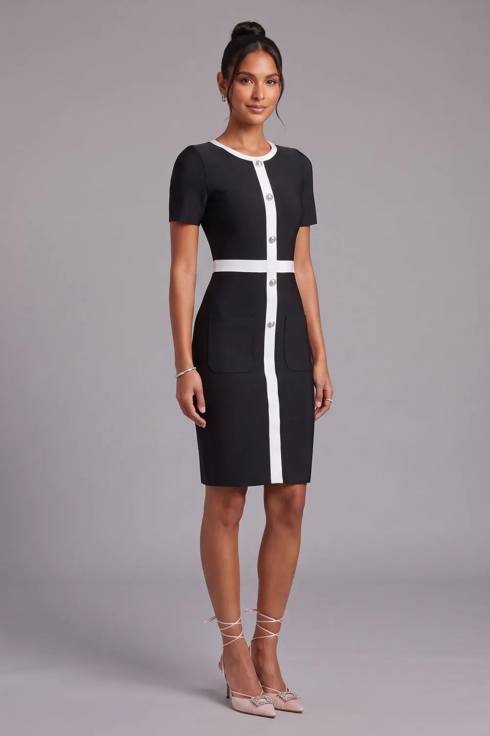 Black Dress with White Contrast Paneling Flowering Girl