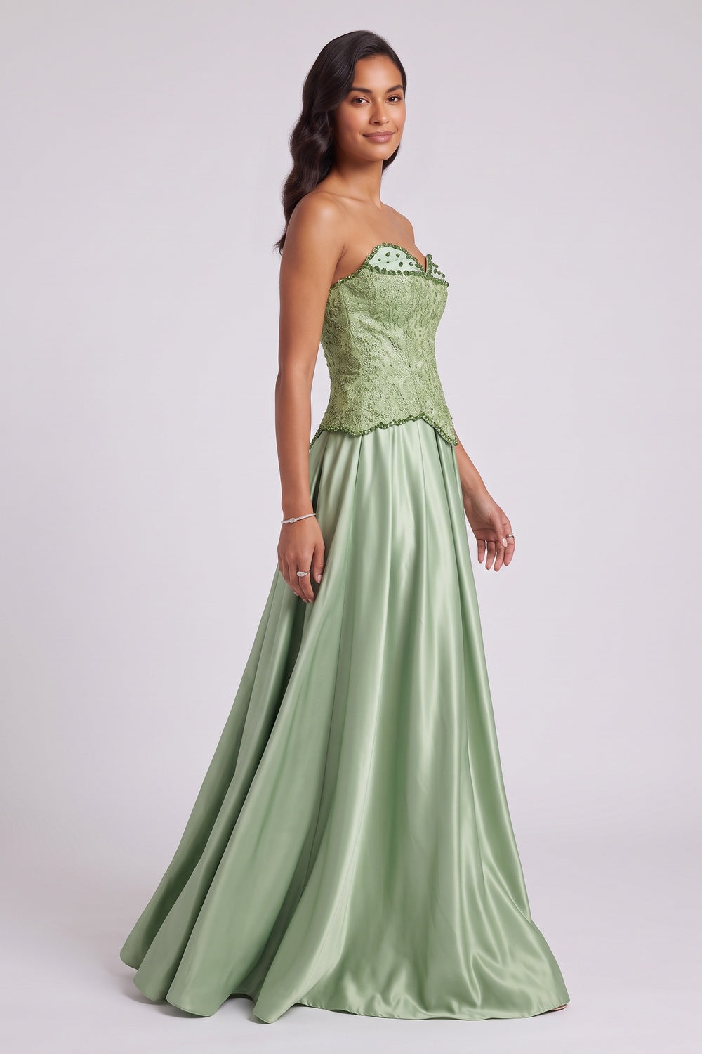 Sage Green Strapless Floor-Length Gown with Embellished Bodice Flowering Girl