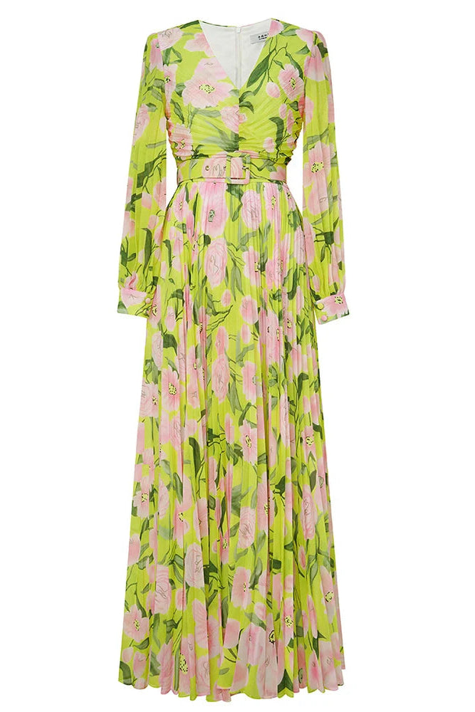 V-Neck Silk Printed Pleated Maxi Dress In Yellow Flowering Girl