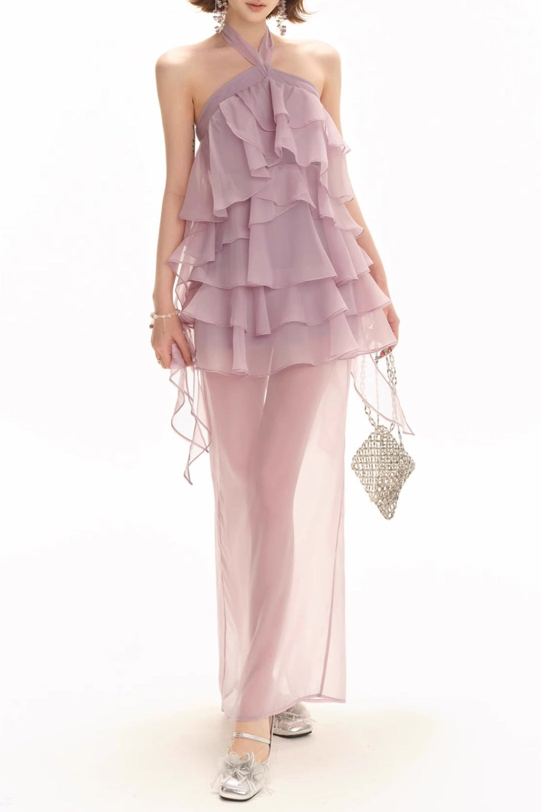 Backless Multi-layer Ruffle slit maxi dress in lilac Flowering Girl