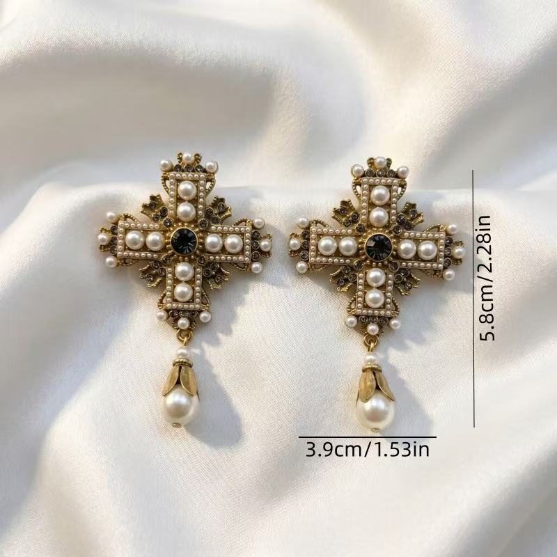 Vintage Antique Gold Rhinestone Statement Baroque Cross Pearl Drop Earrings Flowering Girl