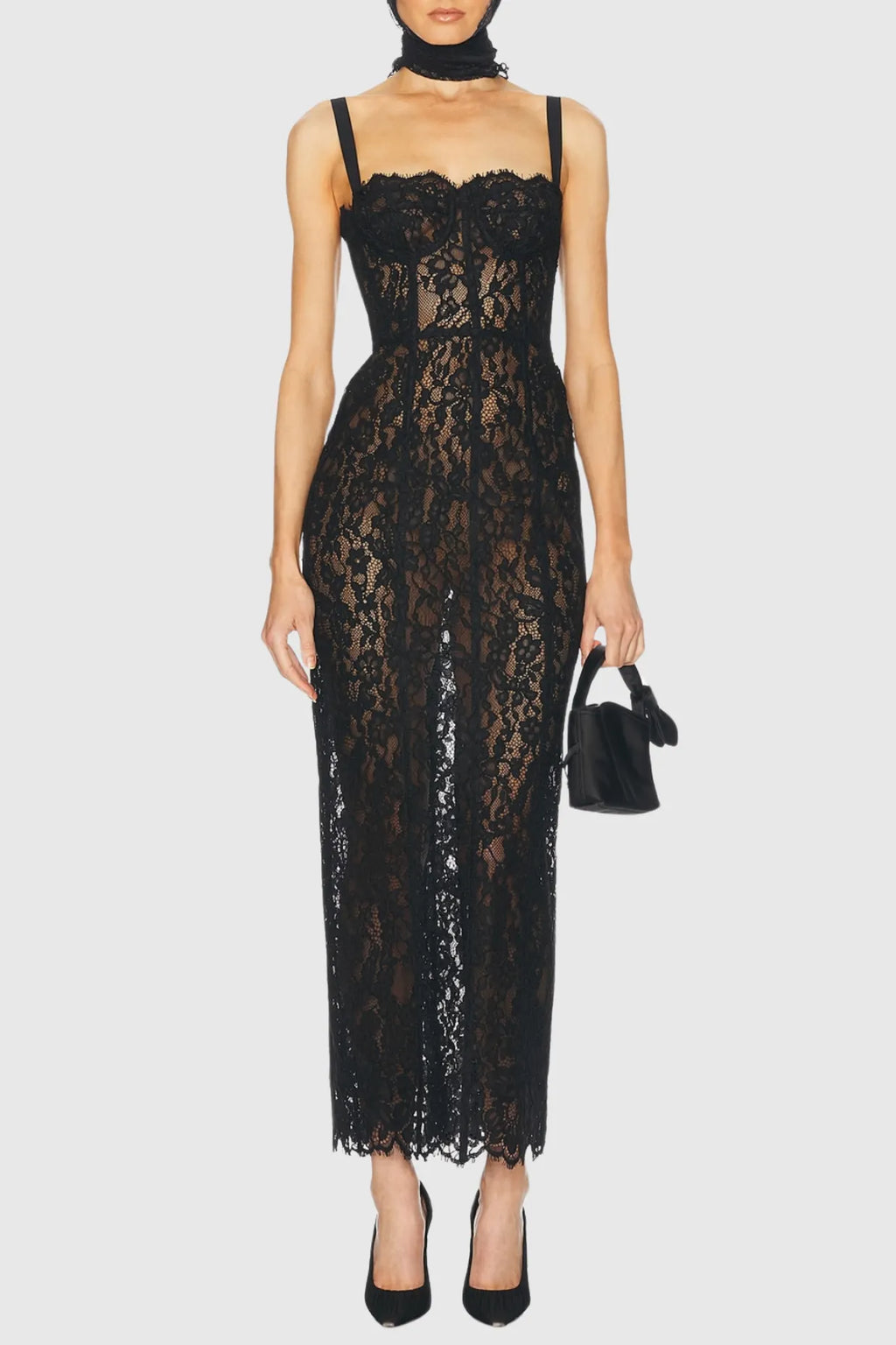 Freda Lace Corset Maxi Dress In Black Flowering Girl