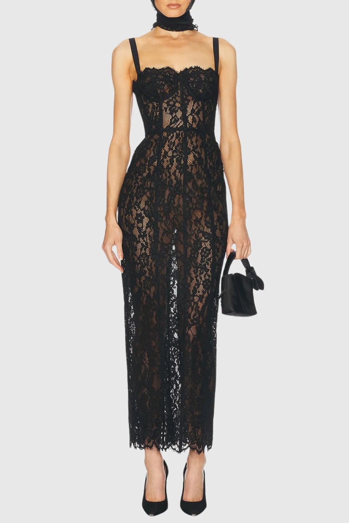 Freda Lace Corset Maxi Dress In Black Flowering Girl