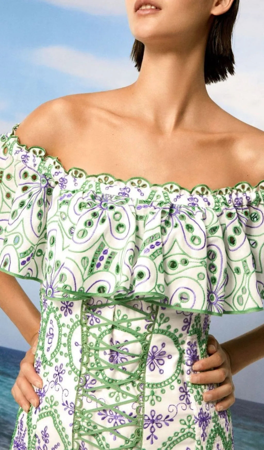 Corset Embroidered Dress In Green Flowering Girl