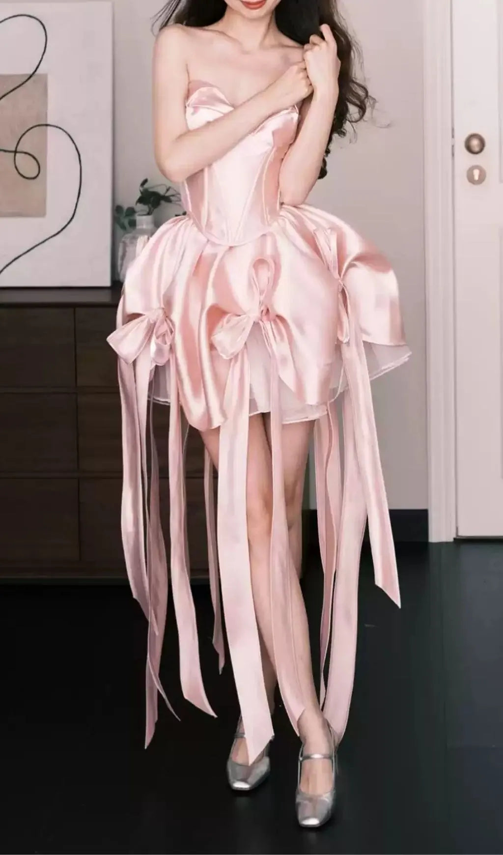 Lebana Pink Strapless Bow Mini Dress Flowering Girl