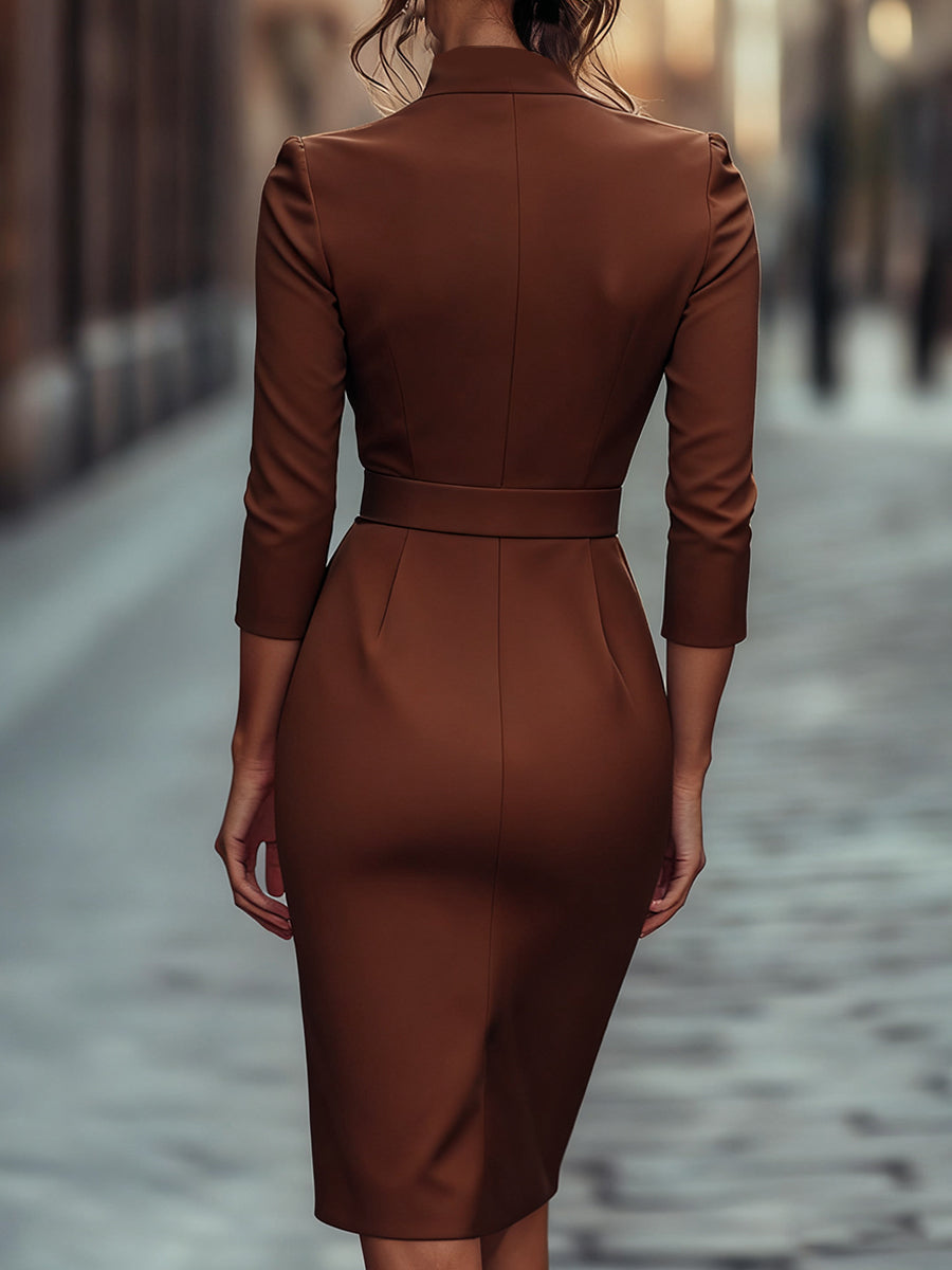 Refined Black Belted Sheath Dress With Mandarin Collar Flowering Girl
