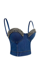 Rhinestone Backless Cropped Top In Navy Blue Flowering Girl