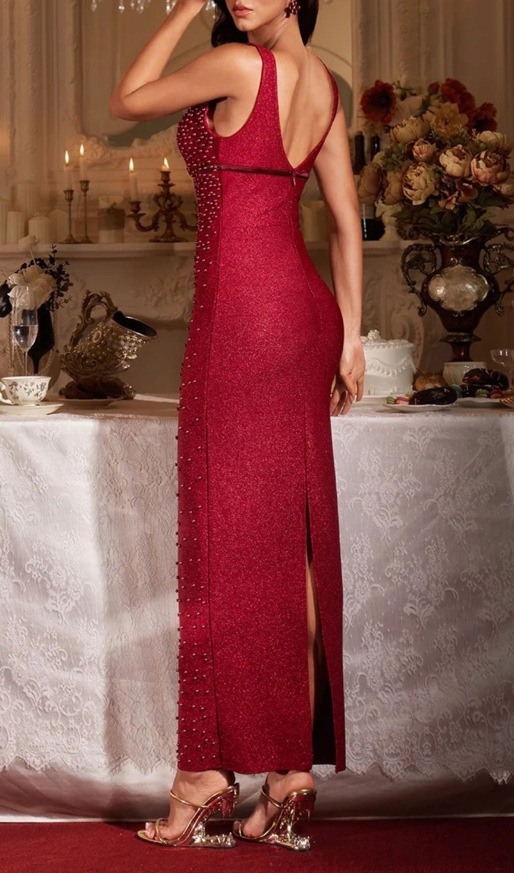 Jenaya Red Pearl Bandage Maxi Dress Flowering Girl