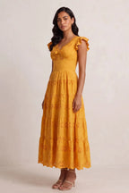 Scallop V-Neck Ruffle Sleeve Eyelet Tiered Midi Dress Flowering Girl