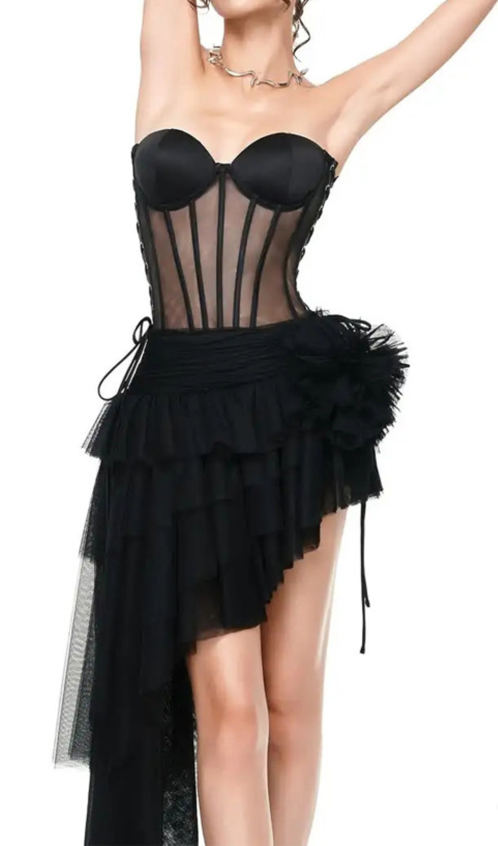 Gaetana Black Corset Top & Irregular Mesh Skirt Set Flowering Girl