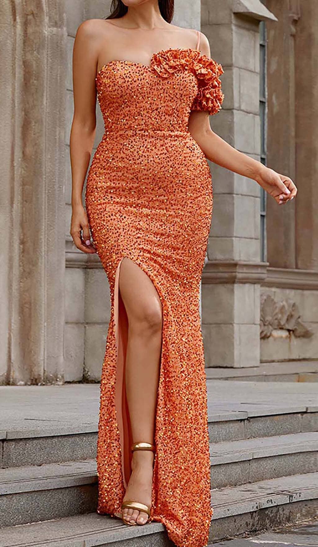Ayn Orange Sequined Slit Maxi Dress