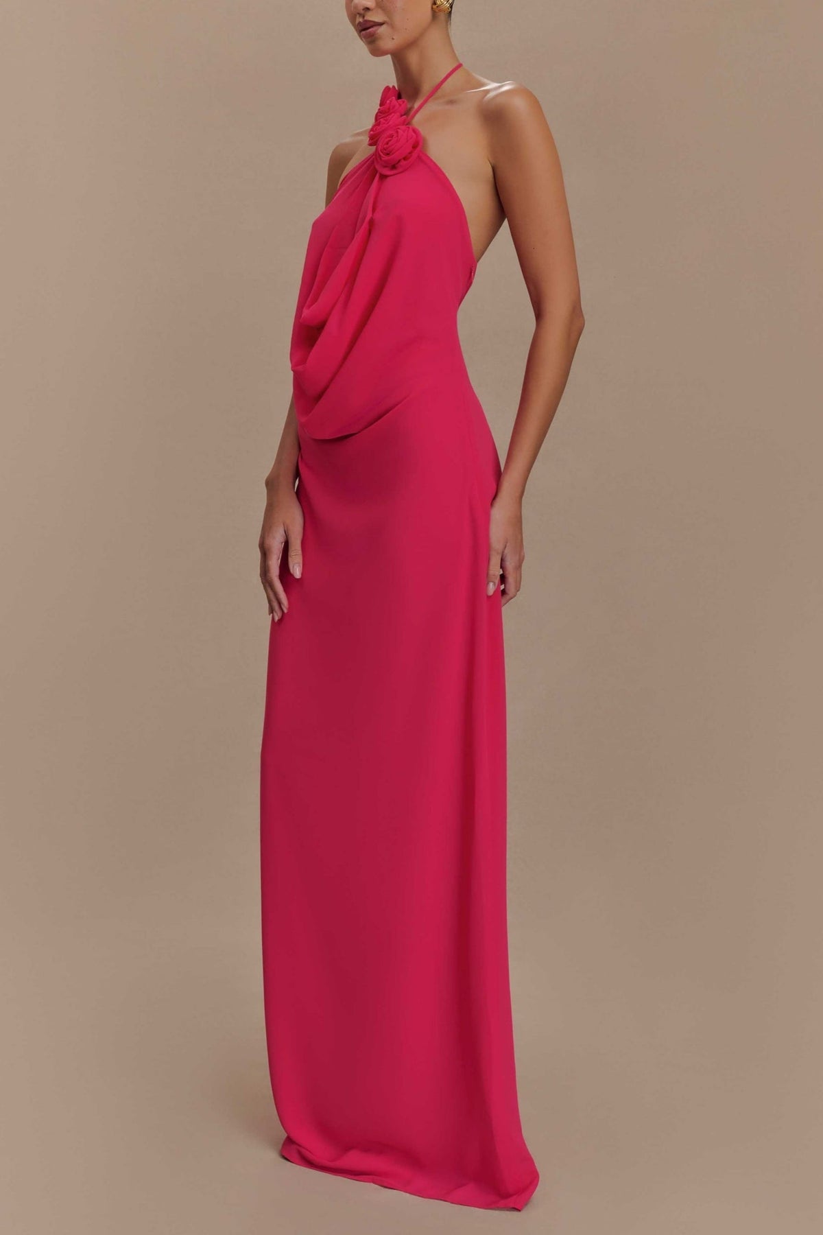 Floral halterneck high collar maxi dress in Rose Pink Flowering Girl