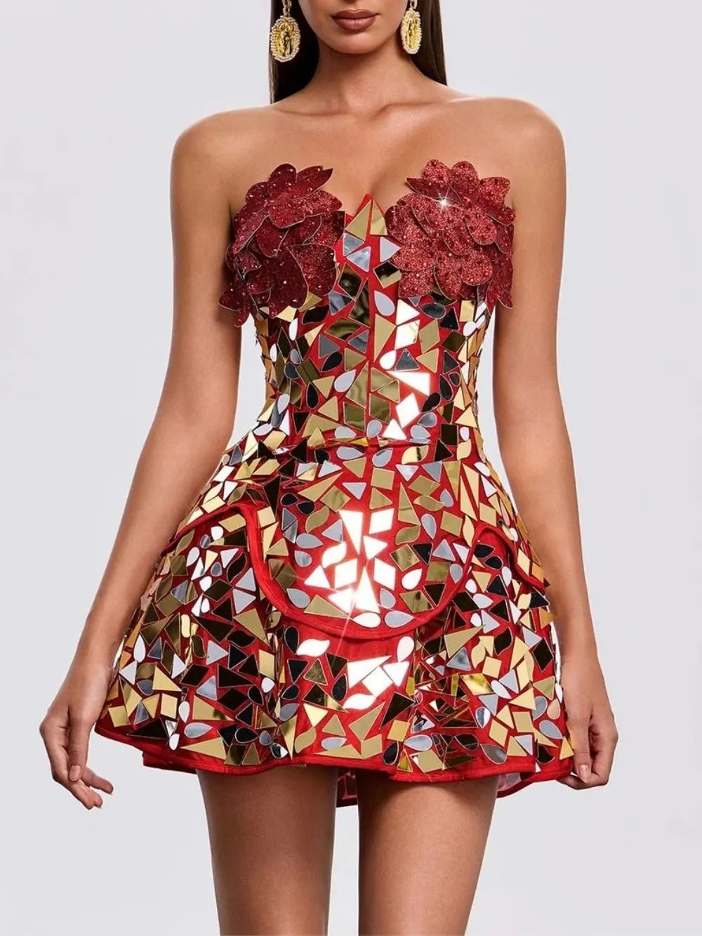 Hatsuko Strapless Acrylic Flower Mini Dress Flowering Girl