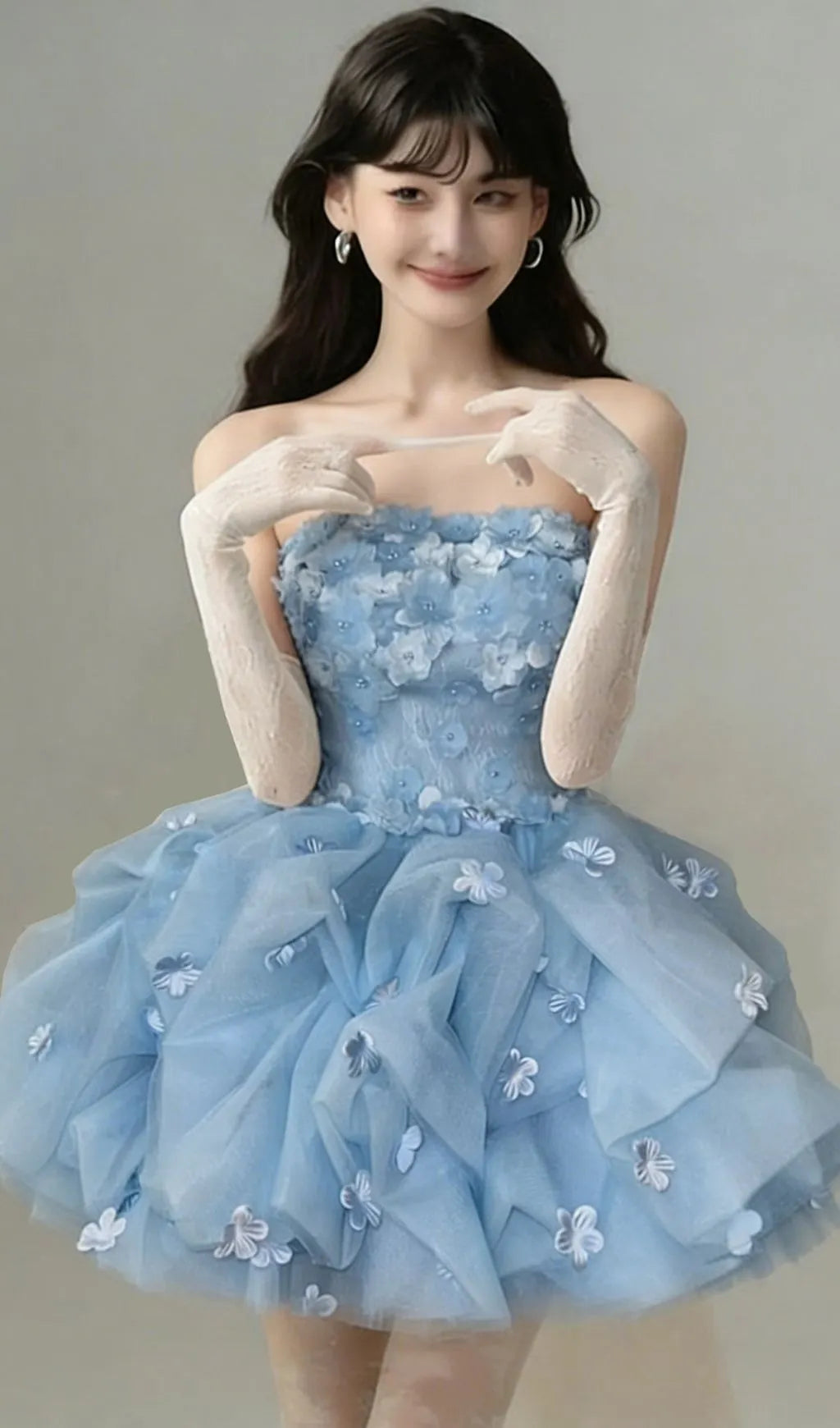 Krista Blue Strapless Flower Mini Dress Flowering Girl