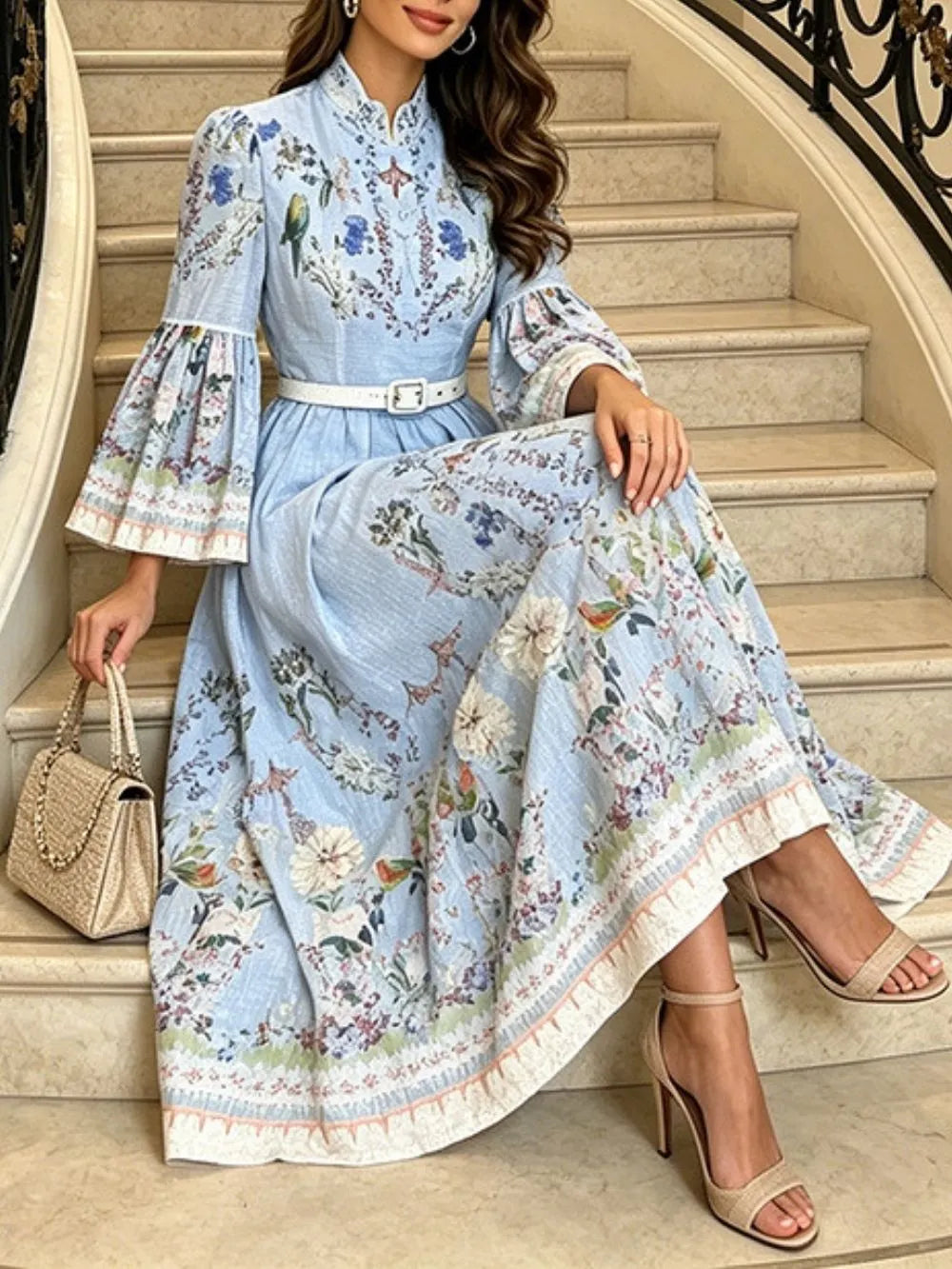 Marleigh Blue Long Sleeve Printed Midi Dress Flowering Girl