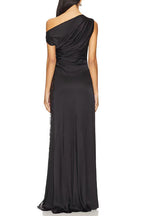 Sara Black Asymmetrical Pleated Maxi Dress With Side Slit Lace Trim Flowering Girl
