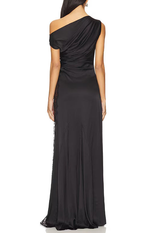 Sara Black Asymmetrical Pleated Maxi Dress With Side Slit Lace Trim Flowering Girl