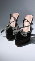 Bow Crystal Satin Heels In Black Flowering Girl