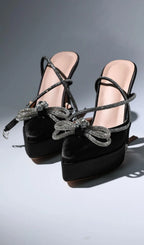 Bow Crystal Satin Heels In Black Flowering Girl