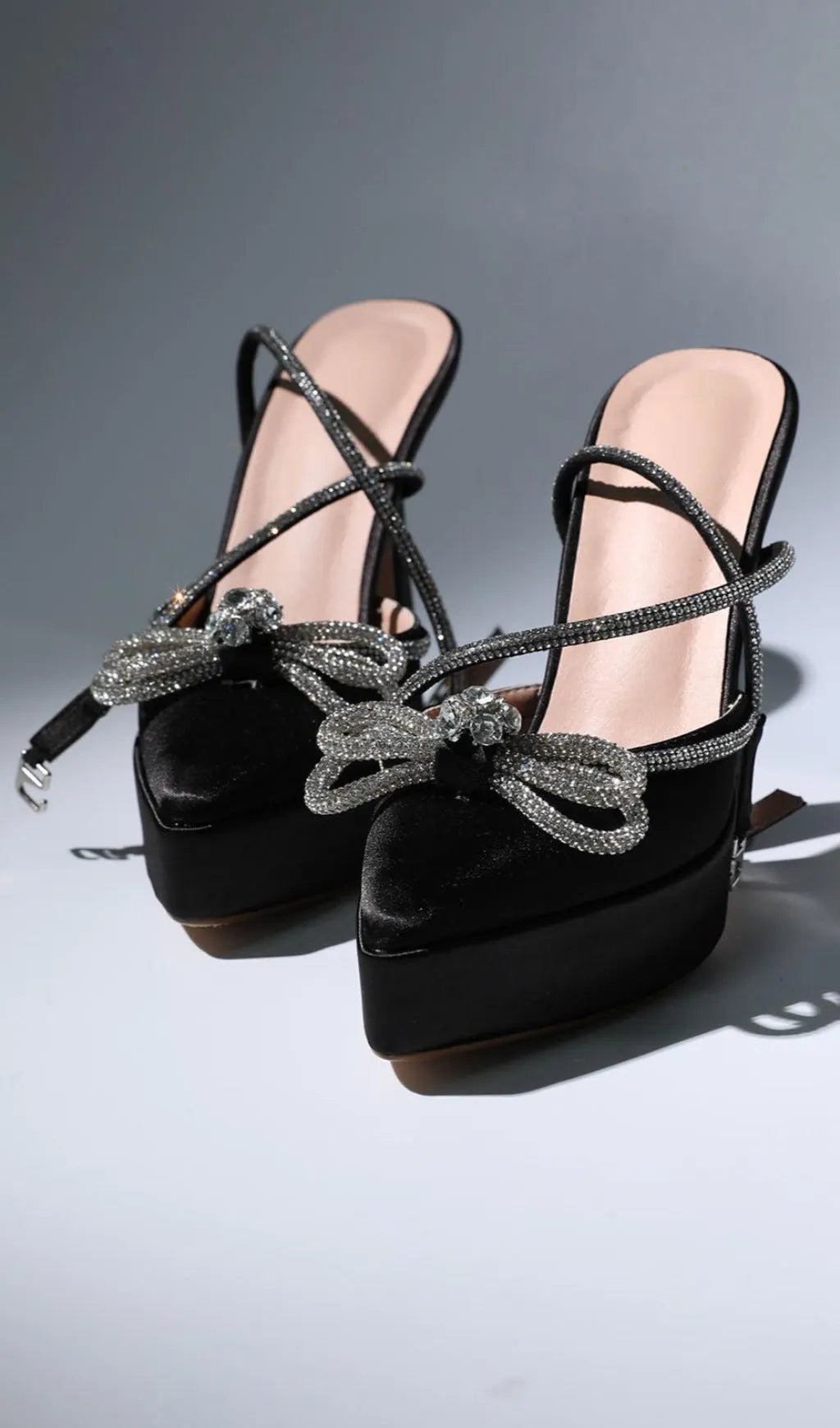 Bow Crystal Satin Heels In Black Flowering Girl