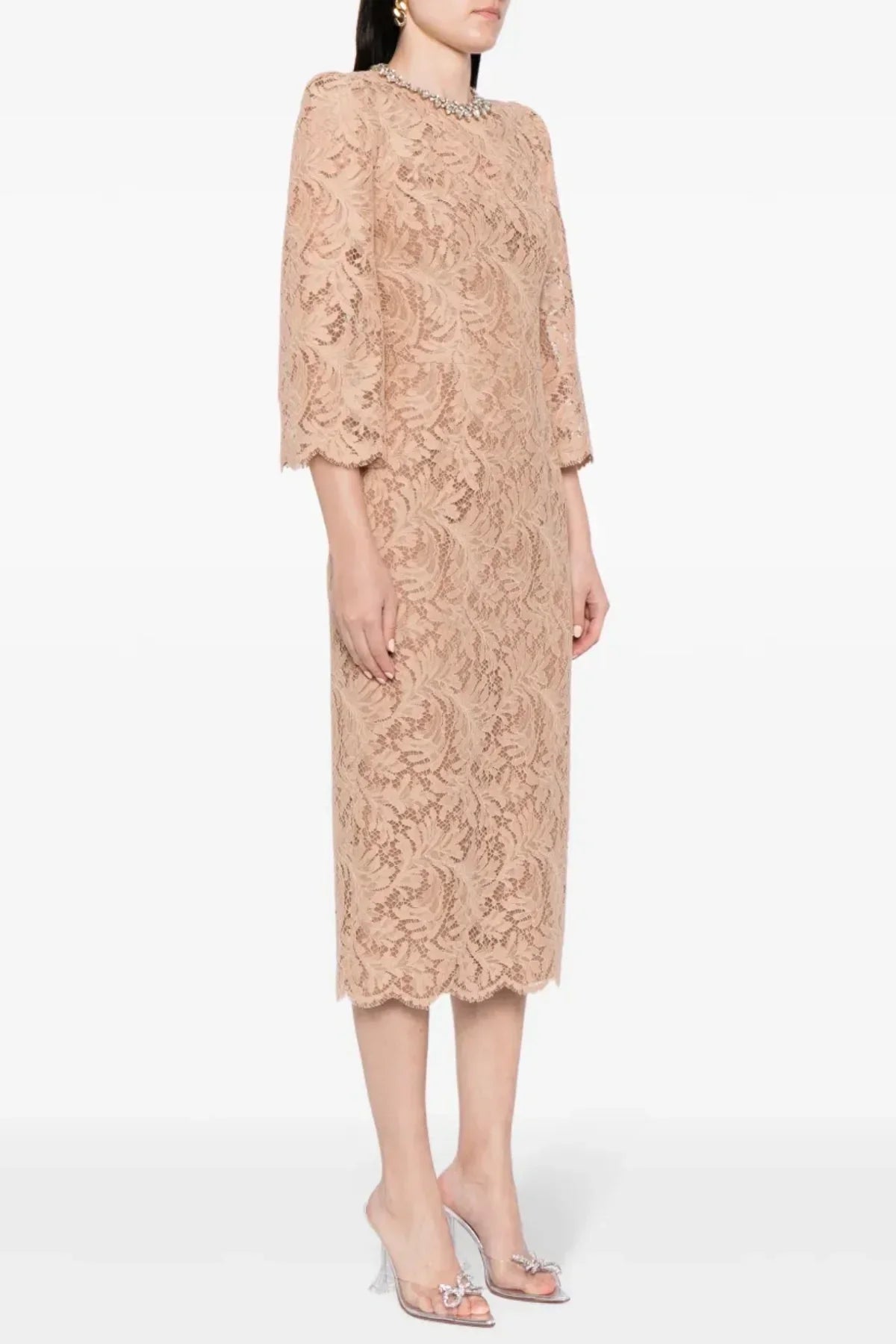 Acotas Lace Crystal-Embellished Midi Dress - Nude Flowering Girl