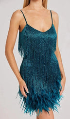 Tassel Feather Mini Dress In Dark Green Flowering Girl