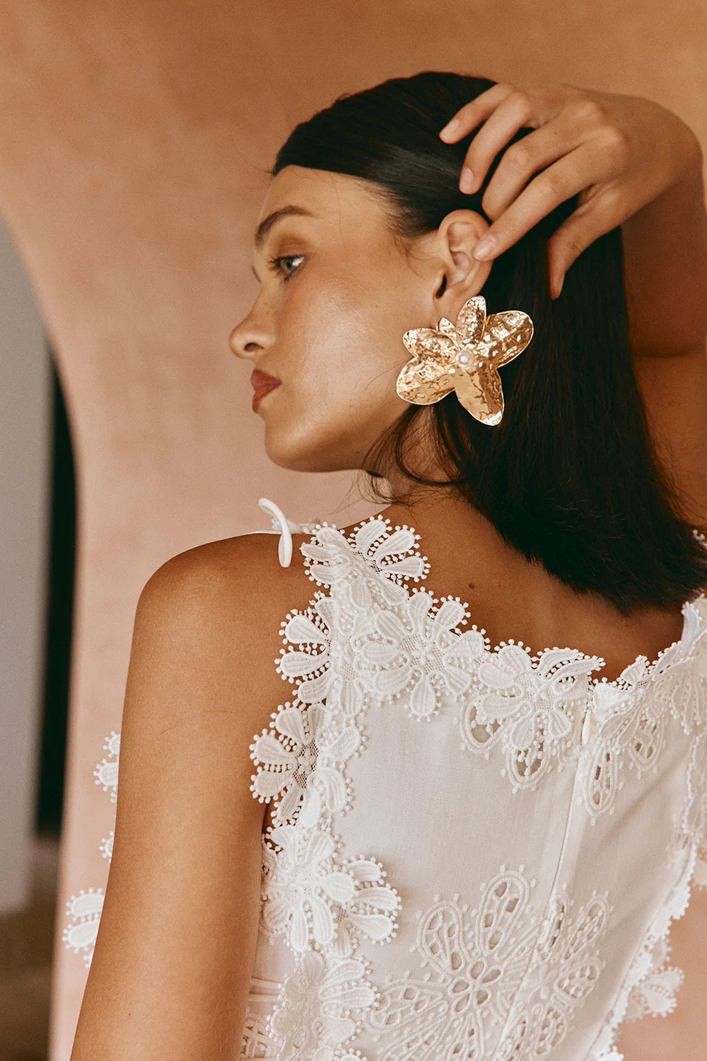 Lace Trim Embroidery Hollow Midi Dress In White Flowering Girl