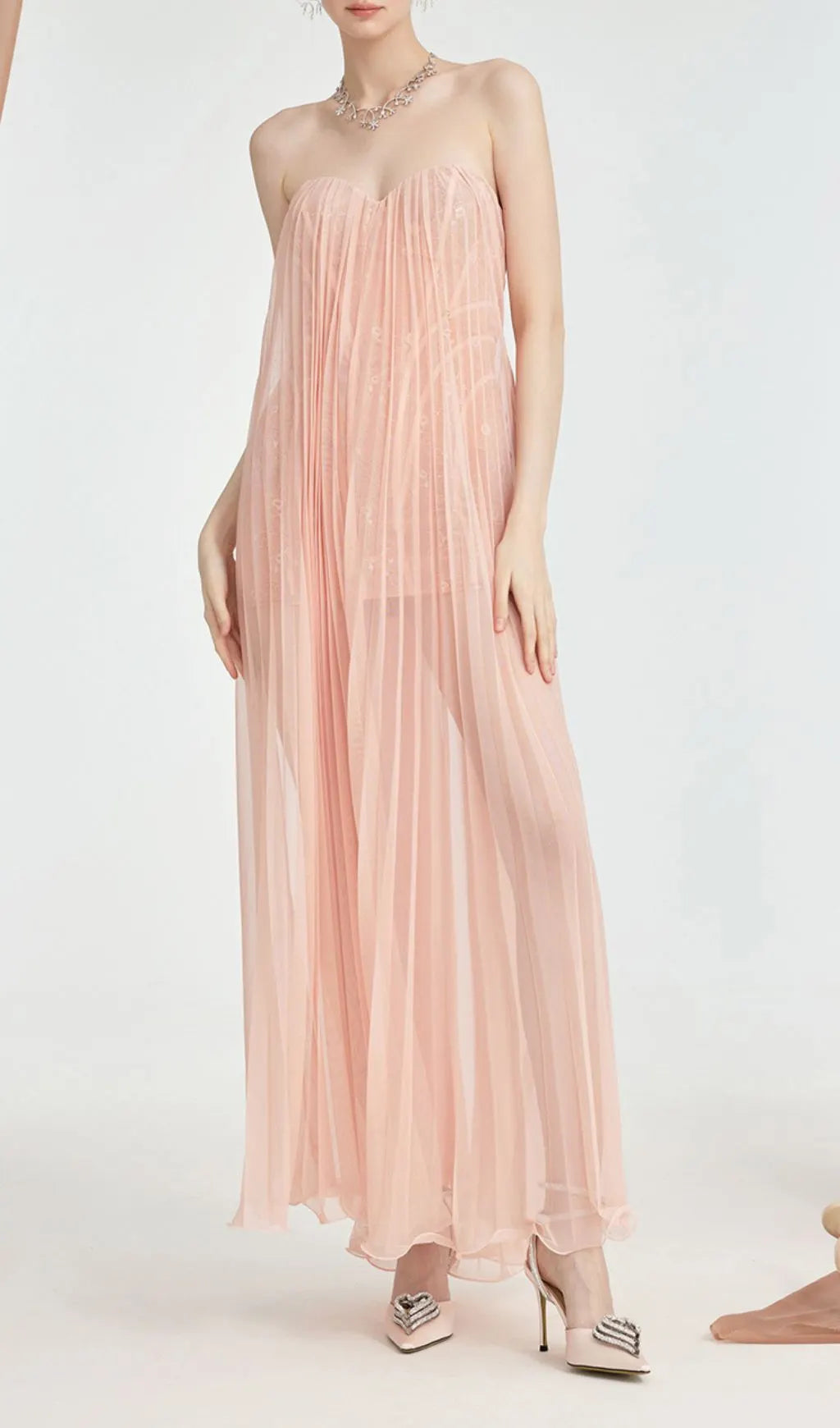 Fintan Pink Strapless Mesh Lace Maxi Dress Flowering Girl