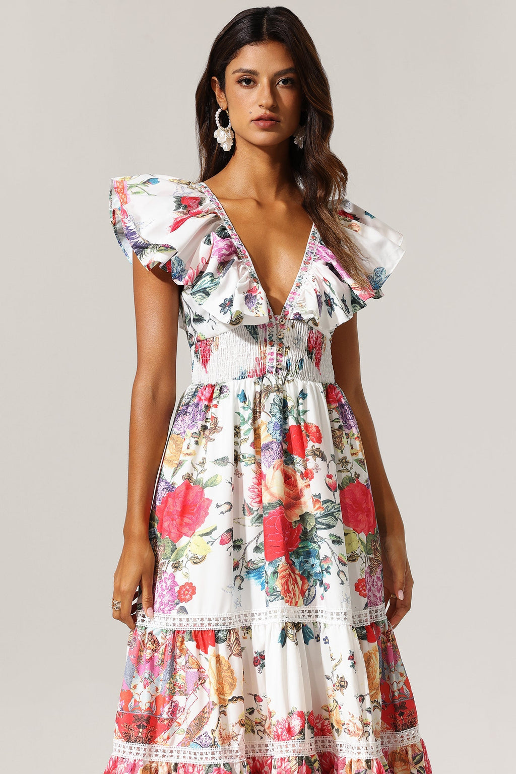 Violet Backless Ruffle Floral Printed Maxi Dress Flowering Girl