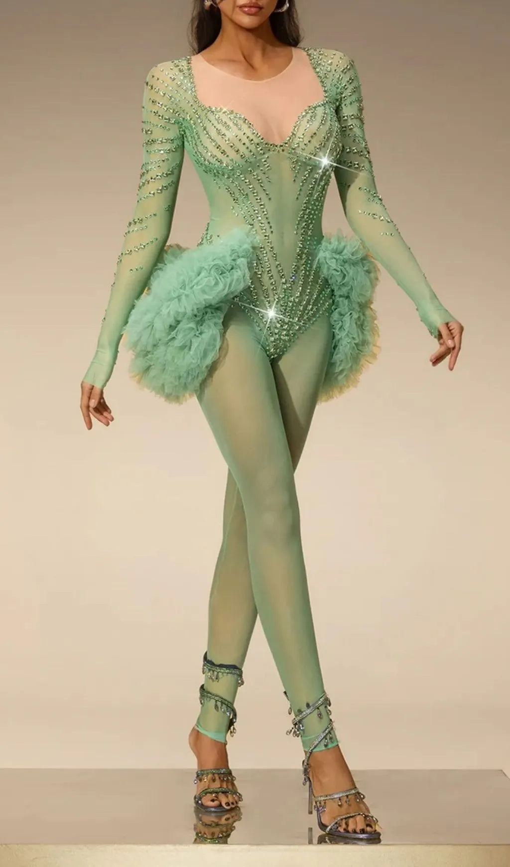 Zireth Long Sleeve Crystal Mesh Jumpsuit Flowering Girl