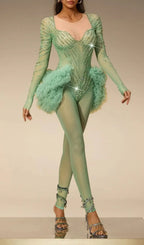 Zireth Long Sleeve Crystal Mesh Jumpsuit Flowering Girl