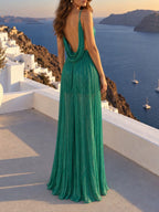 Backless A Line Maxi Dress Green Flowering Girl
