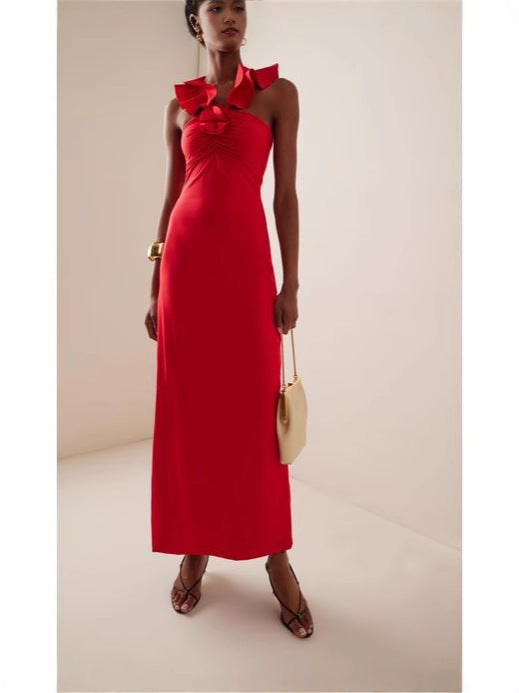 floral ruffle trim halter midi dress in red Flowering Girl