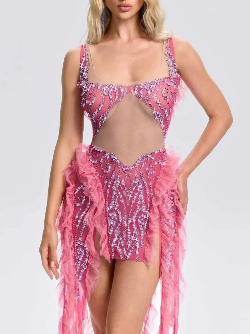 Ulrican Crystal Ruffle Mesh Mini Dress Flowering Girl