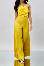 Bright Yellow 3D Floral Halter Pleated Wide Leg Jumpsuit Flowering Girl