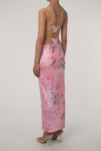 Printed Strappy Butterfly Backless Plunge Sheath Slip Maxi Dress Flowering Girl