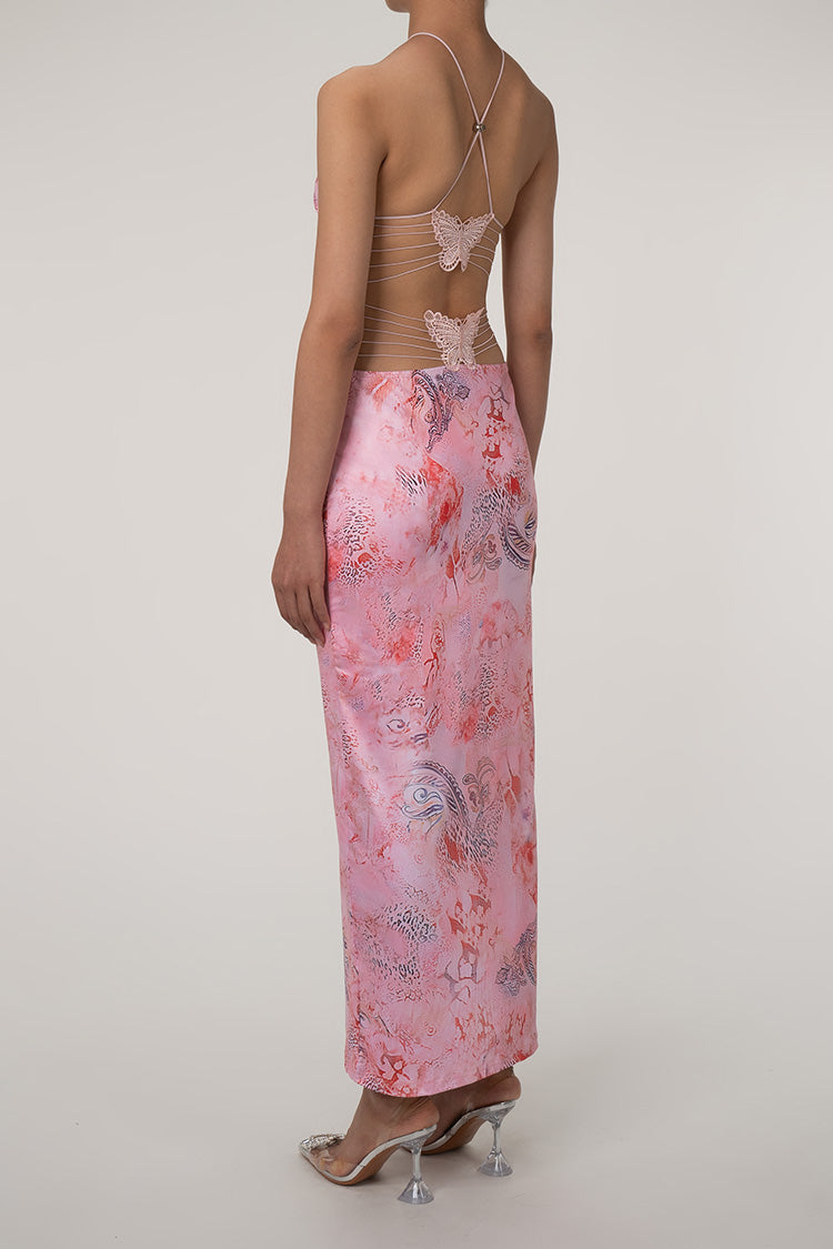 Printed Strappy Butterfly Backless Plunge Sheath Slip Maxi Dress Flowering Girl