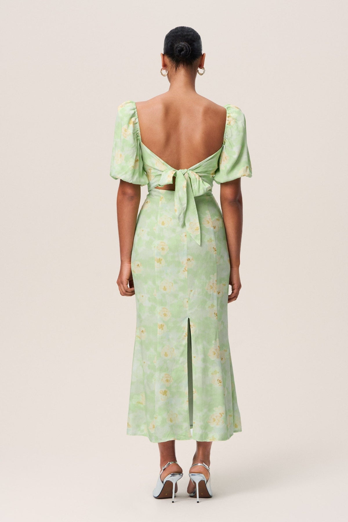 Floral Puff Sleeve Midi Dress In Green Flowering Girl