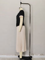 Black Square Neck White Cuff Gold Button Short Jacket & White Pleated Midi Skirt Two-Piece Set Flowering Girl